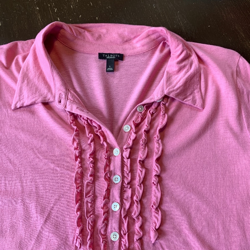 Talbots worn 1x light pink ruffle neck tee. 59.50 retail